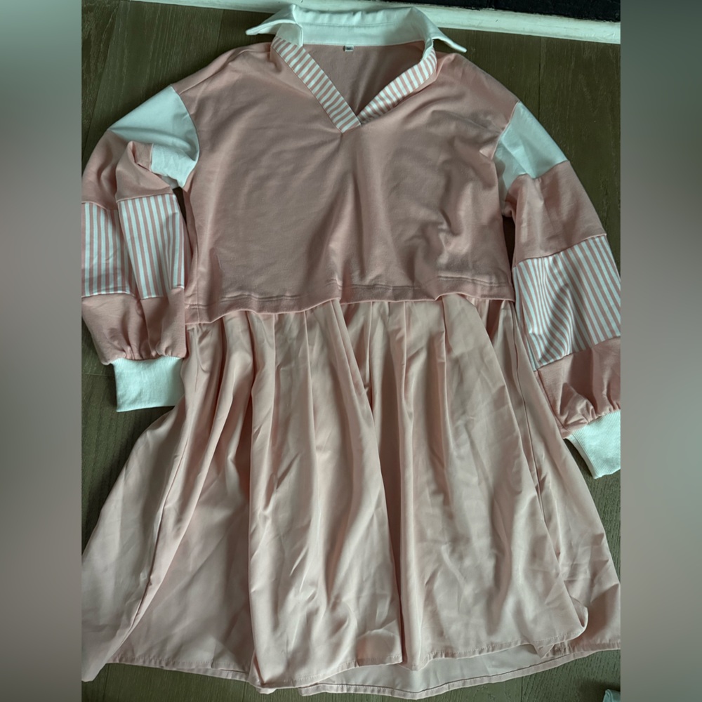 Pink and White Long Sleeve Dress